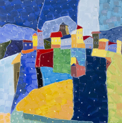 Abstract painting of a patchwork landscape in various colors with white dots and a patchwork sky of shades of blues with white dots. In the upper center are rough shapes of houses with windows and roofs, all in various colors.