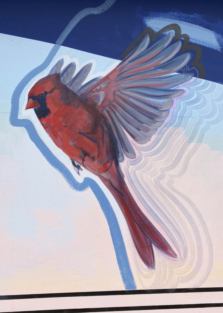 Close up of a mural with a blue background and pink clouds, and a cardinal flying.