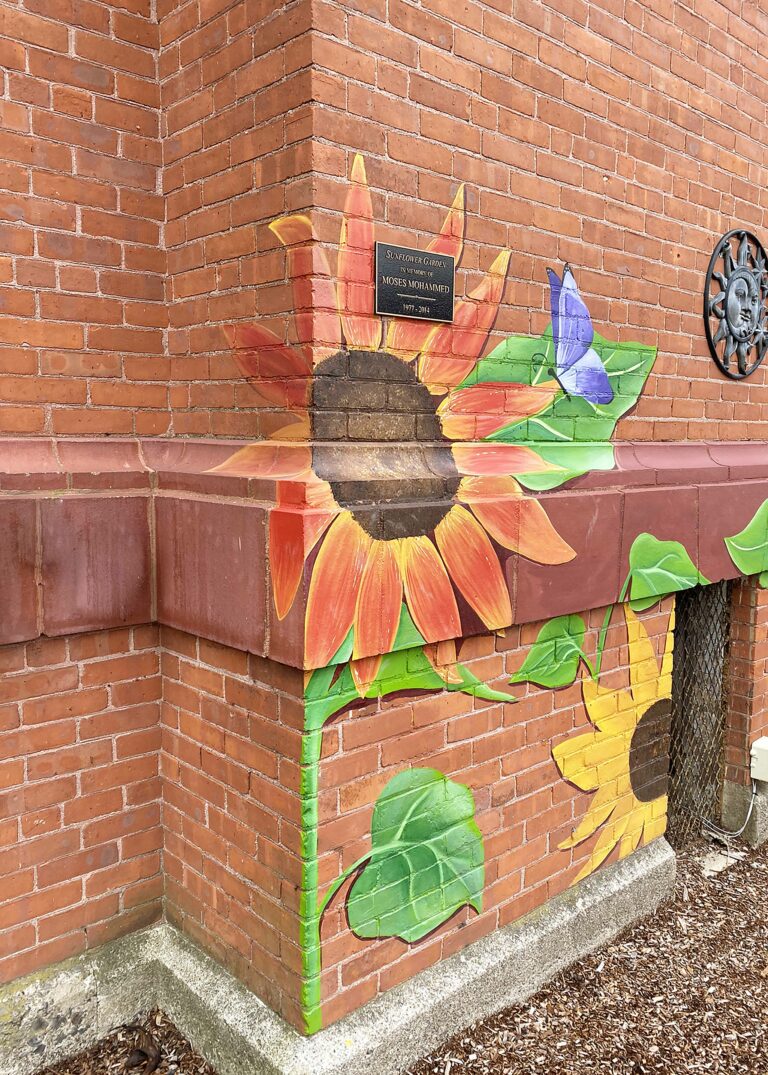 Photograph of a black building with a red and yellow sunflower and a purple butterfly.