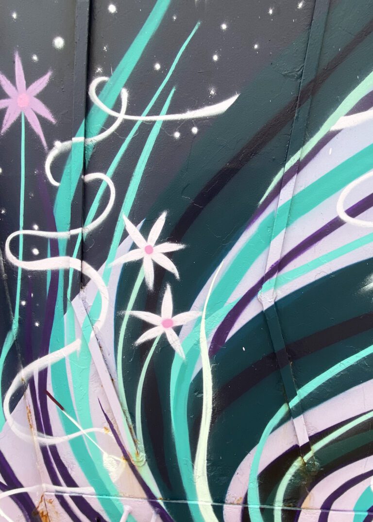 Close up of a mural with a black sky with white dots, lines of green grasses, white swirling lines, and pink and white flowers.