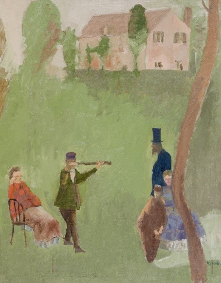 Painting of a wide green lawn with a plain pink house behind some trees in the background. In the foreground are several people in 19th century clothing, one holding a looking glass.