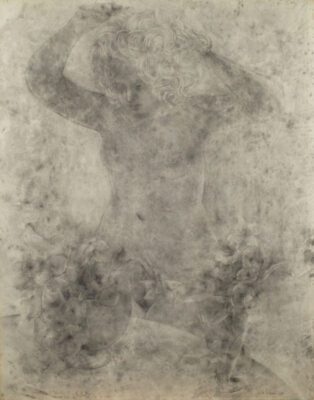 Drawing with a hazy look of a woman, nude, standing behind a table with flowers in vases on top. The woman has her hands up, combing her short wavy hair.