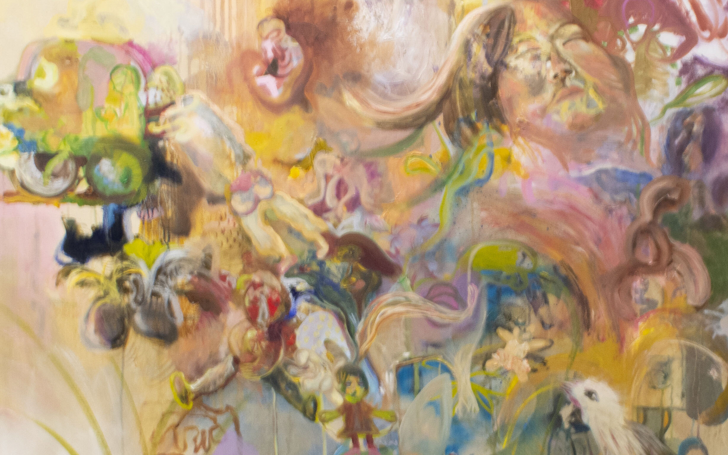Painting with busy swirls of color on a yellow-peach background. There are bright colors in the center of peach, pink, green, yellow, red, blue, and brown. Figures and shapes emerge from the colors.