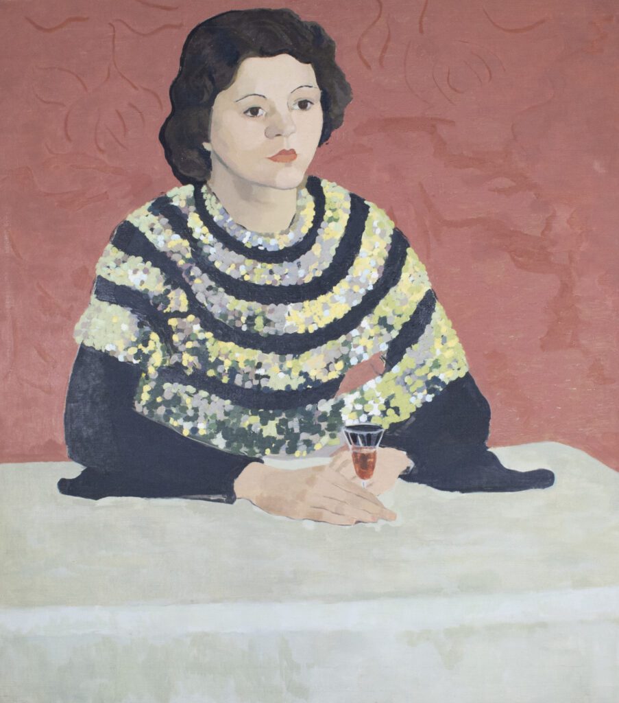 Painting of a woman seated at a white table, wearing a black and white stripped sweater in front of a red background. She has short brown hair and has her hands resting on the table with a small sherry glass.