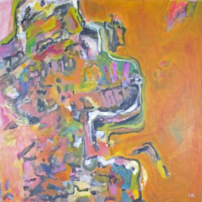 Abstract painting with a background of intense orangey-yellow. On the left side is an ambiguous shape of lines in pinks, yellows, greens, blues, whites, and blacks.