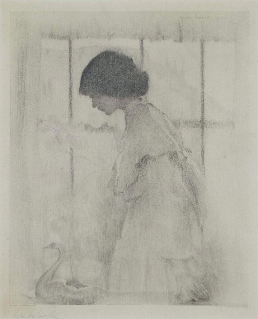 Etching of a woman in a slightly ruffled dress, standing facing left with hands behind her. She is standing in front of a window, looking down at a small swan sculpture.