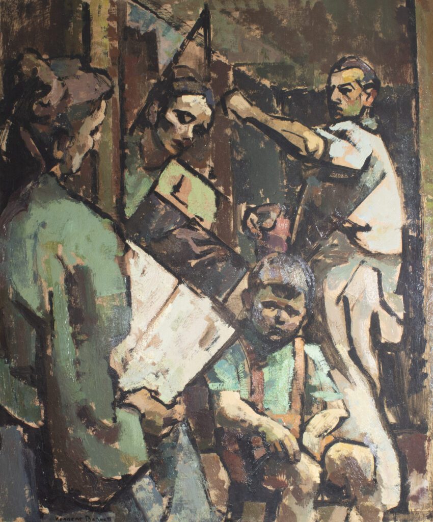 Painting of a woman with a book looking into a mirror that reflects a boy and man standing behind her.