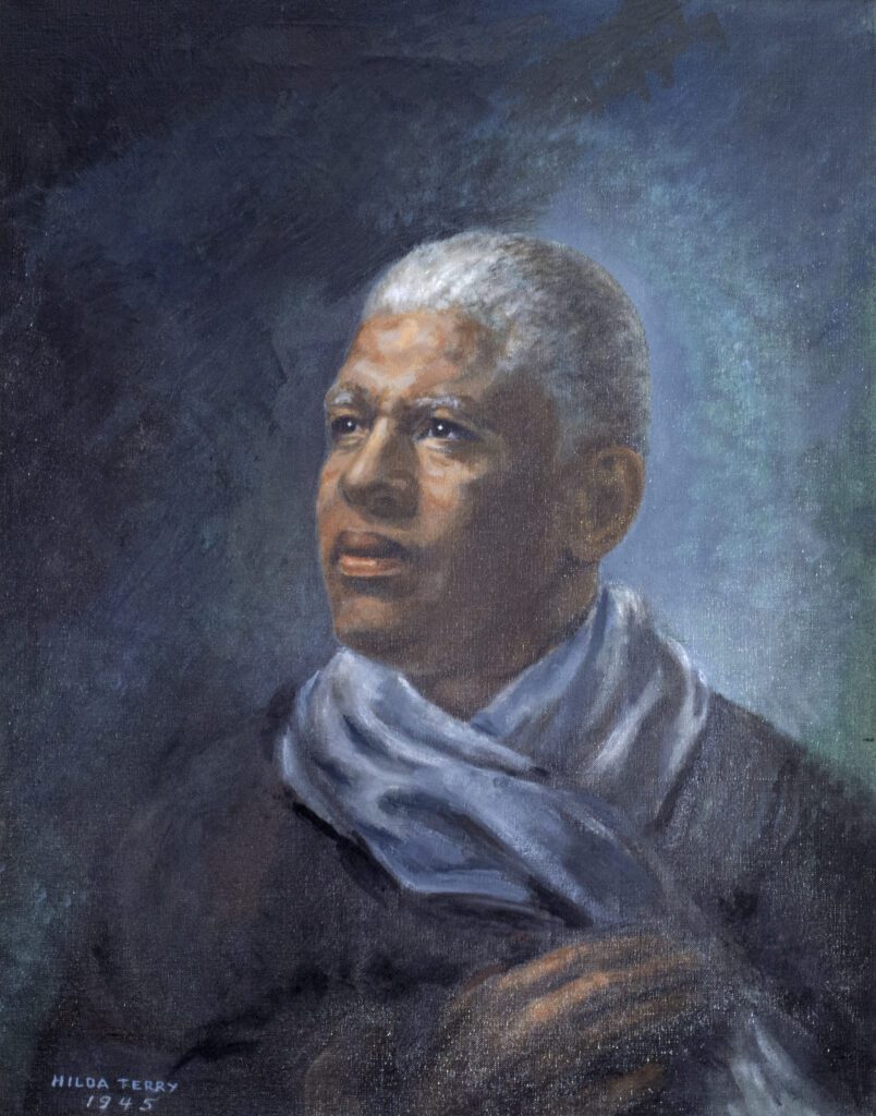 Painting of a man with brown skin and white hair in front of a blue background. He is looking off to the top left and is wearing a black jacket and blue scarf.