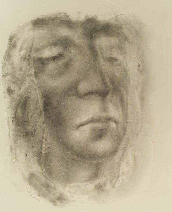 Drawing of a mans face with closed eyes and a long nose. Beyond his face, the image fades out.
