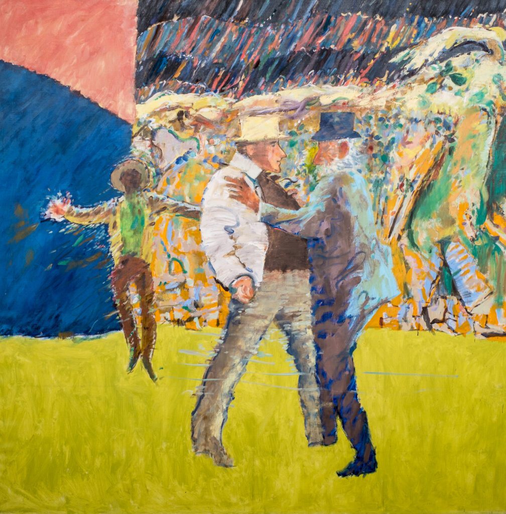 Painting with blocks of bright colors on the bottom and left side, and a mess of colors on the right side. There are three figures in the foreground, two of whom are in top hats and standing incredibly close to each other.