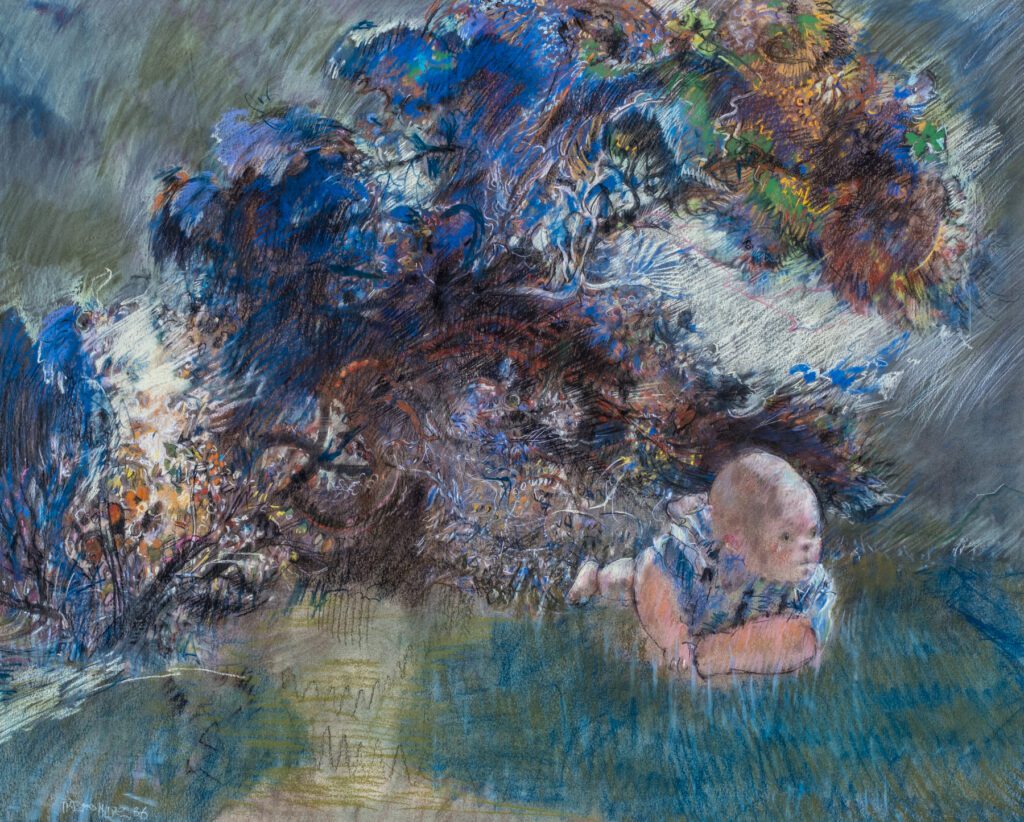 Drawing of a messy landscape with green-blue grass. To the bottom right is a small baby crawling away from the messy background.