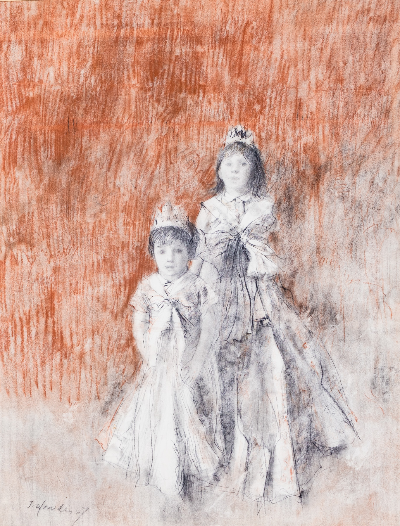 Drawing of two girls, black and white in front of a red background. The girls are in big dresses and wearing crowns. They are standing still looking out at the audience.