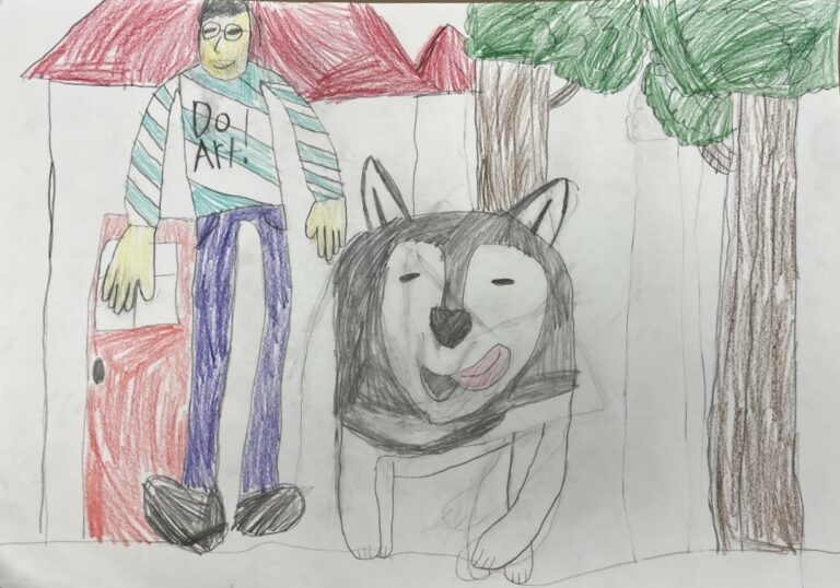 Child's drawing of a boy in a striped shirt and glasses on the far left standing in front of a house. In the center is a dog with its tongue out. Two trees are on the right side.