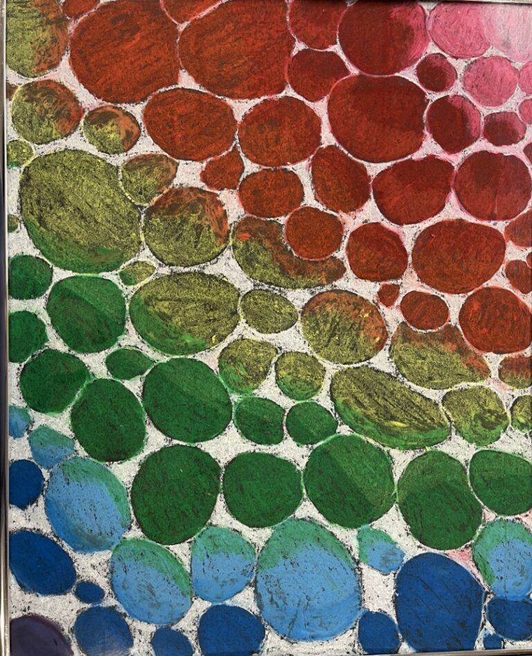 Drawing of circles and ovals in overlapping patterns on white paper. The circles are colored. From bottom left to top right they are blue, greens, browns, reds, and pinks.