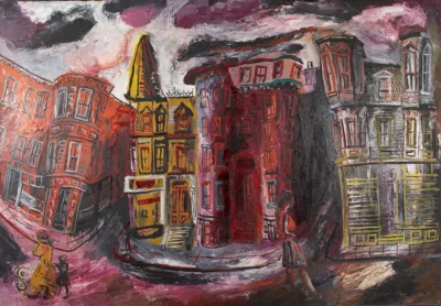 Abstract cityscape painting with red, orange, and yellow buildings all askew. There are figures walking in the streets in front of the old styled city buildings. The sky is shades of red, white, and black.