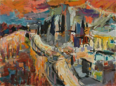Abstract landscape city scene with red sky and red space on the bottom left. There are hints of buildings to the center and right in blacks, greys, yellows, and bits of red.