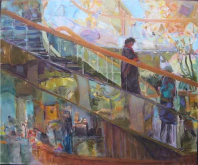 Painting with blocks of colors of an interior space. There is a large spiraling staircase from top left to bottom right and two women near the bottom. Above is a large blue and orange glass dome.