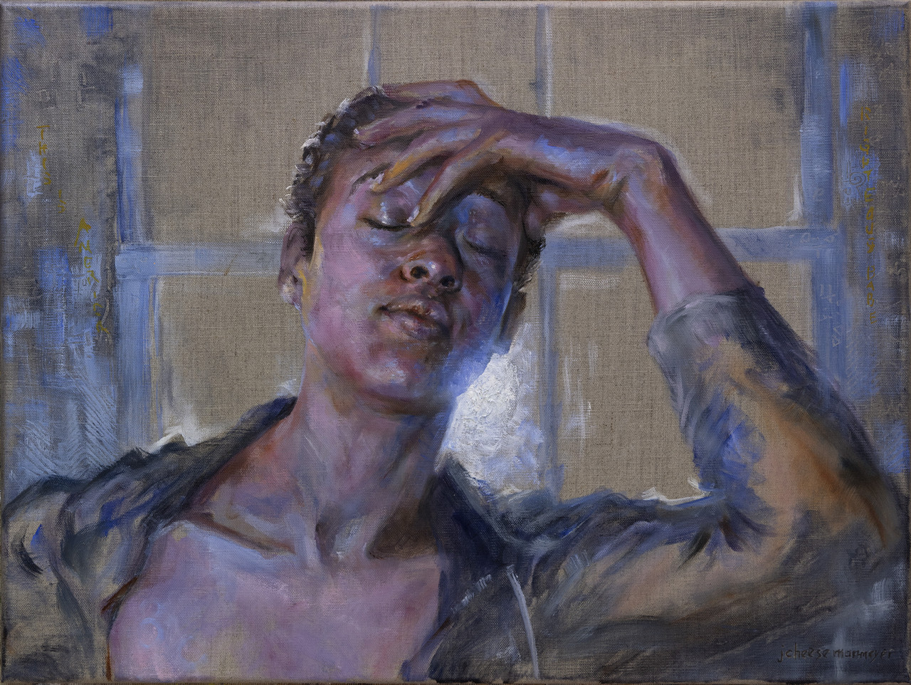 Painting on tan linen of a window with glare. In front of the window is a woman with dark skin in a dark opened shirt, leaning with one arm up and bent so her hand reaches her forehead. Her face is tilted slightly upwards and her eyes are closed.