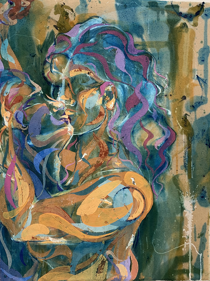 Abstract figurative painting with a background of teal and tan. Emerging in the center facing left is a woman with peach and teal skin and teal hair with stripes of pink and purple.