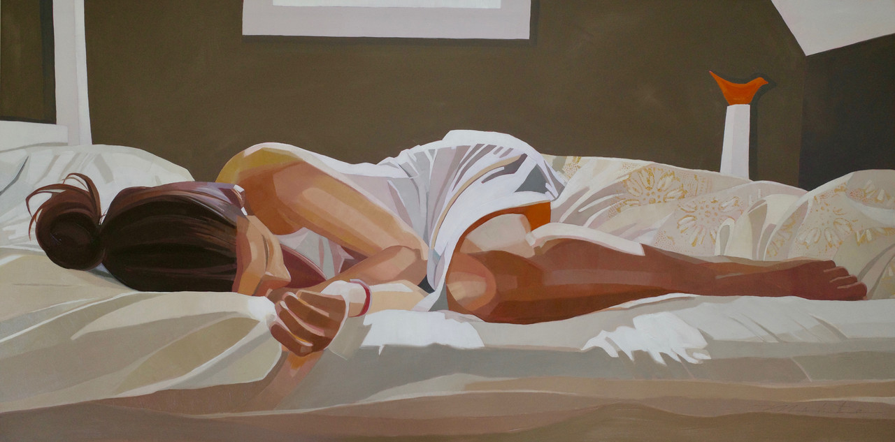 Painting of a woman in white slip lying on a white and cream bed, with her hair in a bun. Behind her is a brown wall and two white posts, with the post on the right having a red bird on top.