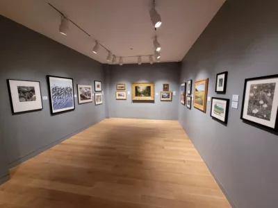 Photograph of a gallery installation with grey walls displaying a variety of artworks in mediums. They all depict various landscapes.