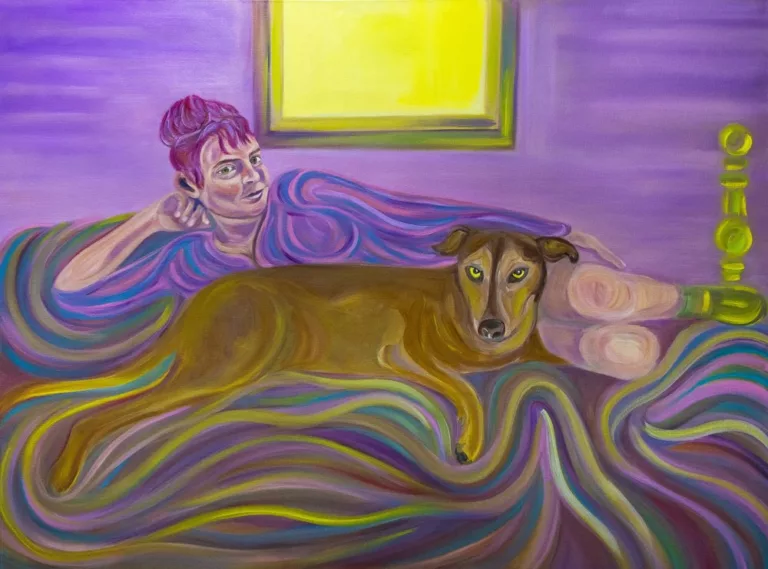 Painting with bright pink wall and a yellow window. In front is a woman reclining to the left with a dog laying in front facing to the right on swirls of color.