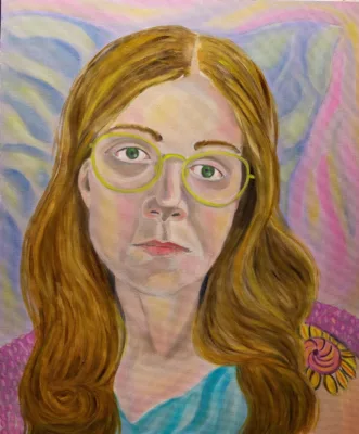 Painting self portrait of a woman with long brown hair, yellow glasses, in front of a hazy lined background.