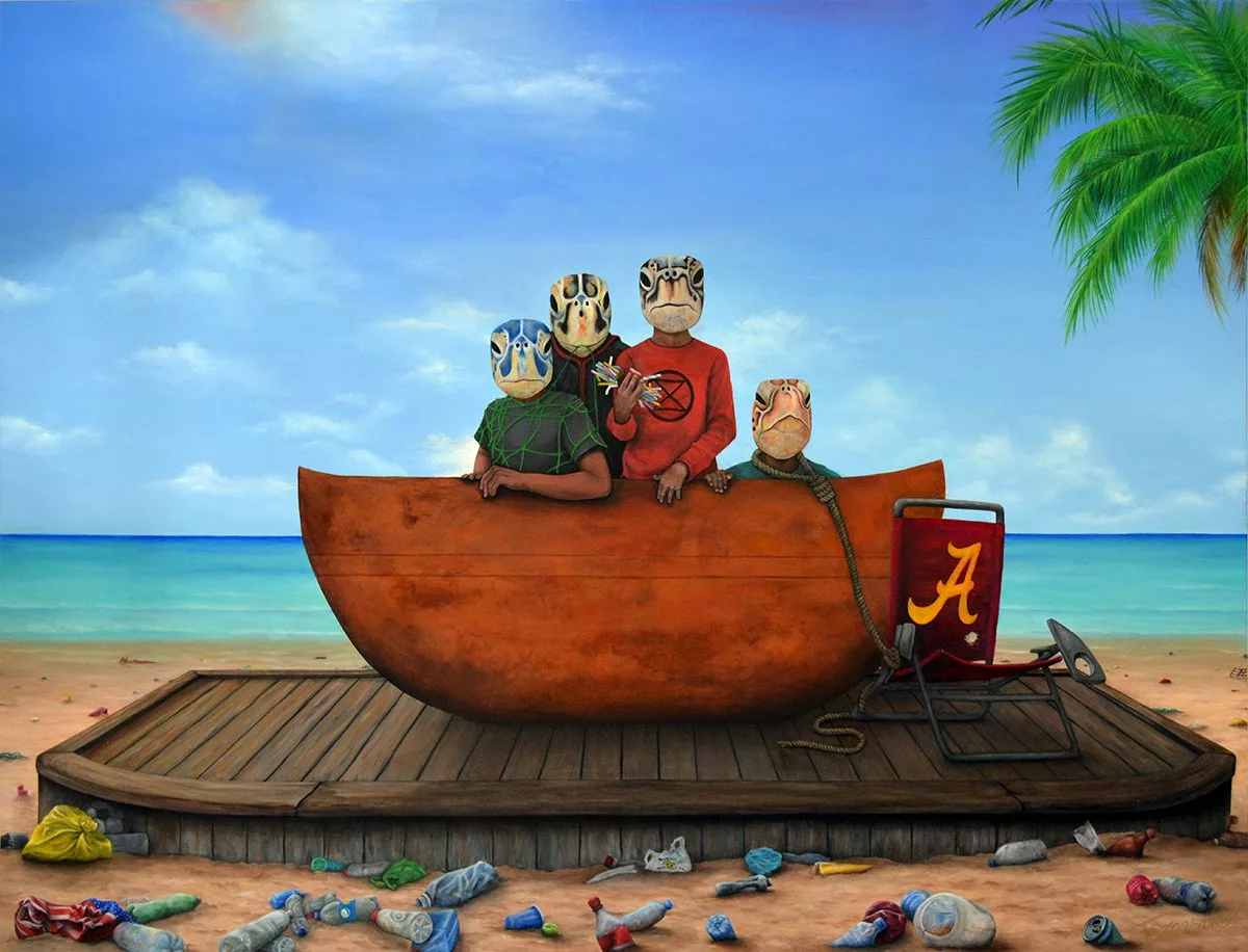 Painting with a beach that leads into a blue ocean and blue sky. On the beach is a carpet of plastic litter, with a wooden platform in the center with a boat. The boat has four people with turtle heads looking out at the audience.