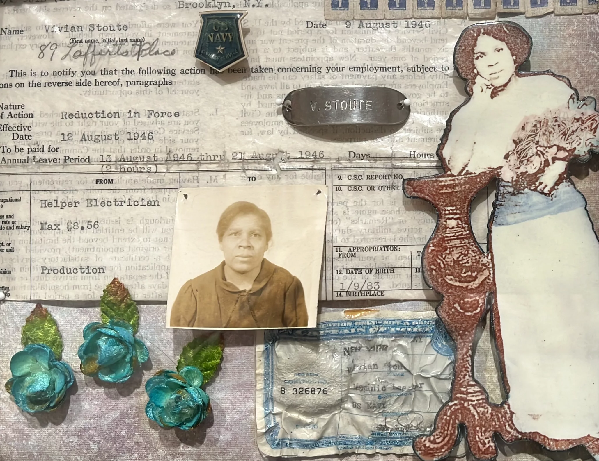 Shadow box with a typed paper background. Across it are various objects, such as a woman to the bottom right leaning on a pedestal, another photograph in the center, and blue flowers at the bottom.