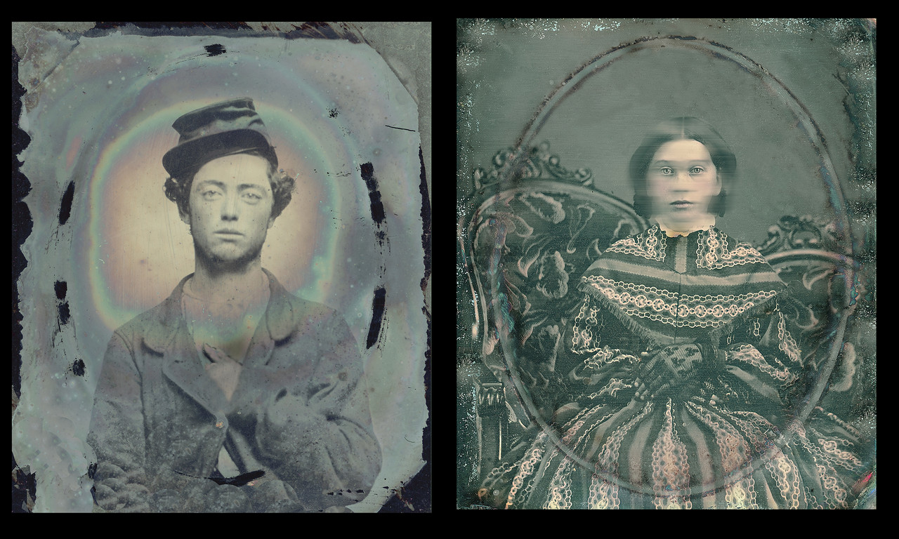 Two old photos side by side. On the left is a man in a flat cap. On the right is a woman with a blurred face but clear eyes in a heavily laced 19th century dress.