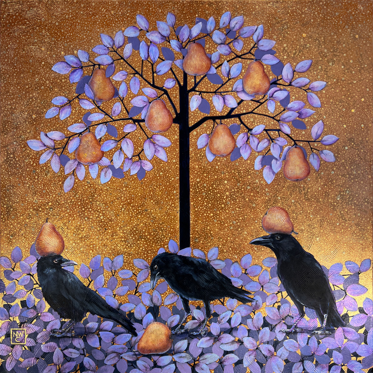 Painting with a speckled gold background, with a black tree with purple leaves and pears in the center. On the ground are more leaves and three crows each with a pear.