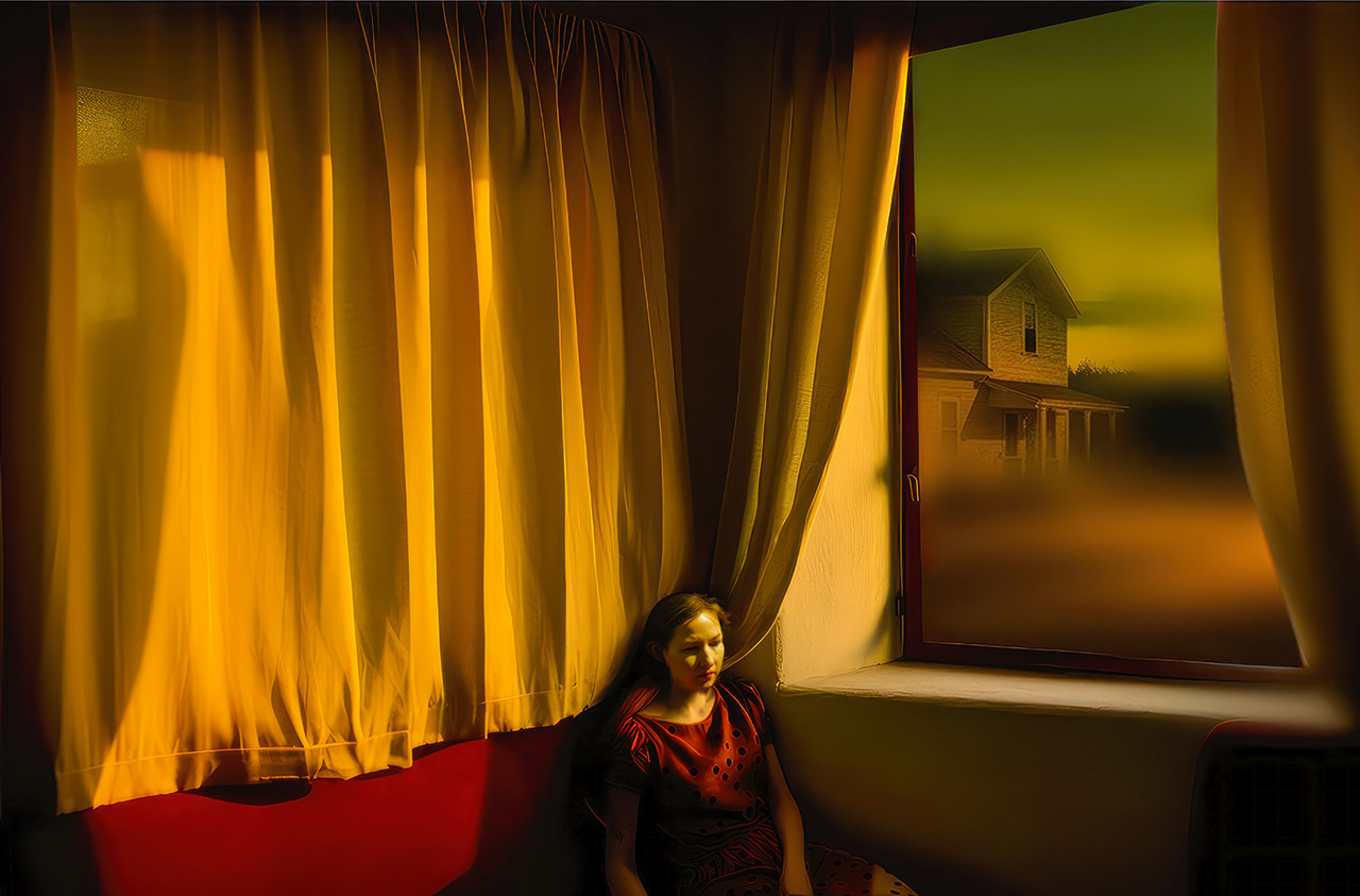Photograph of a woman seated at a corner of a room. To the top left are curtains. To the top right is an open window with a blurred view of the outside.