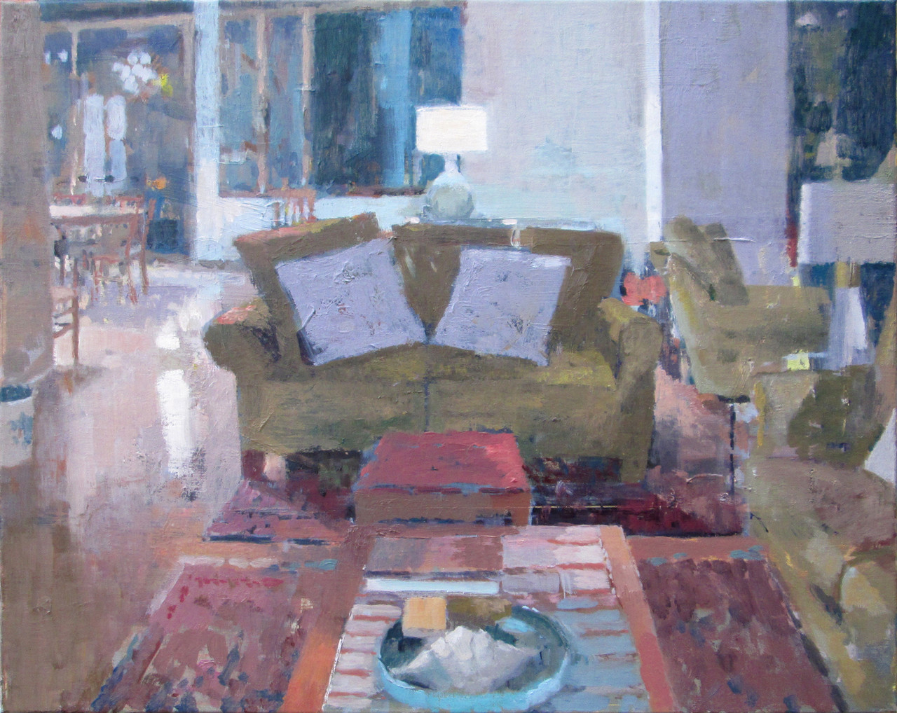 Hazy painting of an interior space with a coffee table in the foreground and a sofa on the bottom right and center, with lilac pillows. Behind is an open space with a lamp on a table, and a kitchen table with chairs to the far back left.