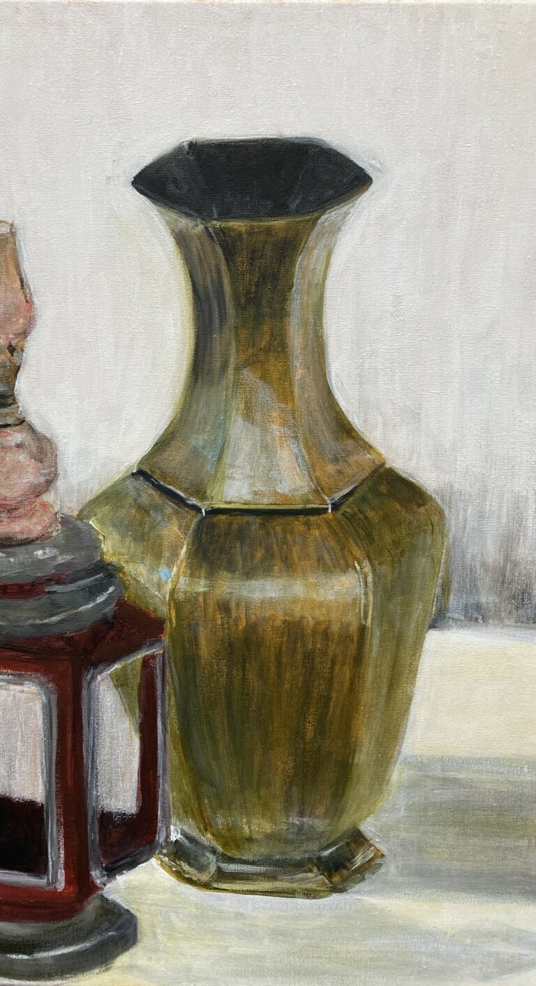 Painting with a cream table and white background. On the table are two vases.