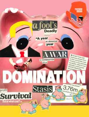 Collage photograph of a pink piggy bank with cut out words across the surface as well as two faces, a pair of hands, and four pigs in face masks.