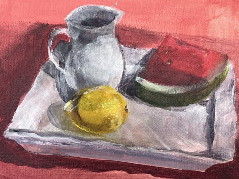 Stillife painting with an intense red background and a white tray. On the tray is a white jug, a lemon, and a slice of red watermelon.