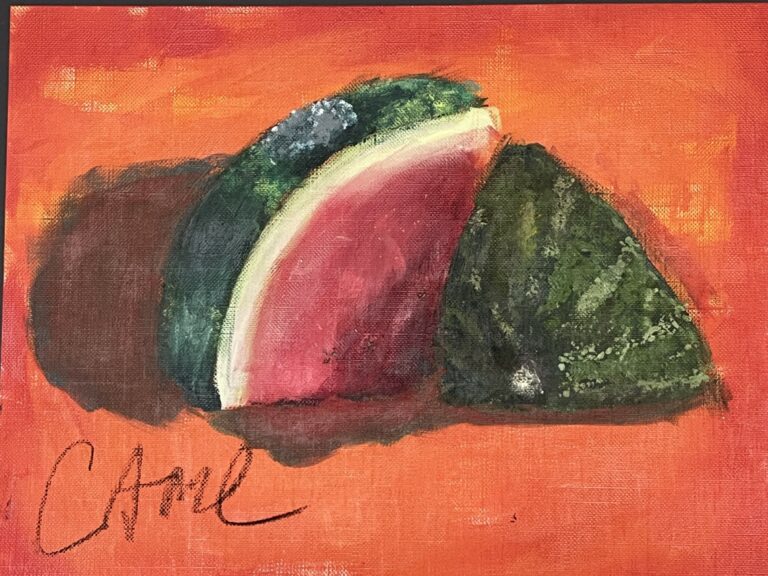 Still life painting with an intense red background and two slices of red watermelon with green stripped rind.