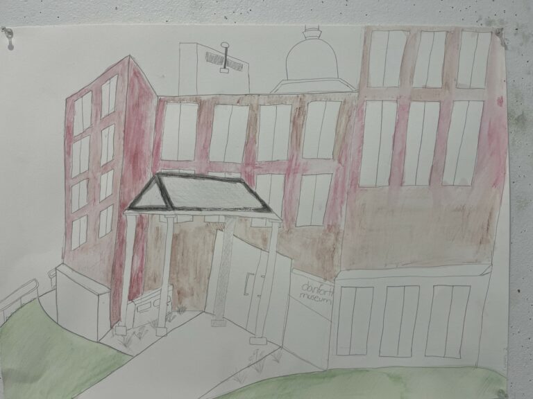 Drawing with offset depth of a red-brown building filled with windows. There is green grass under the building and a long covered walkway.