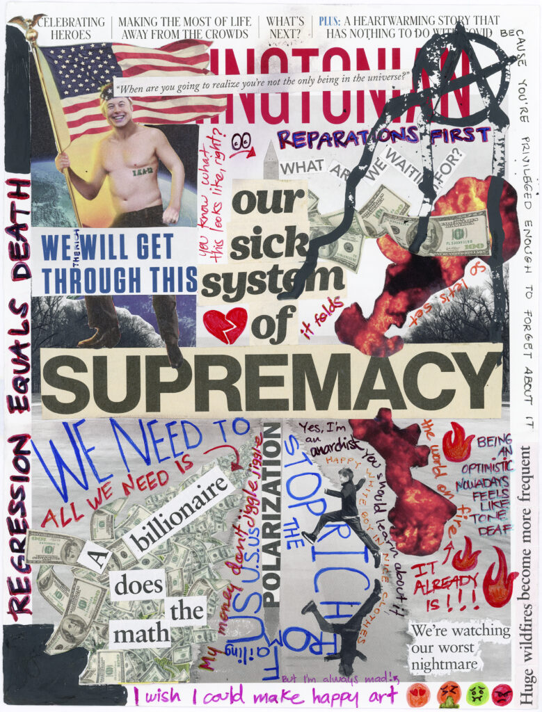 Photograph of collaged words with a few images of American dollar bills and people scattered throughout.