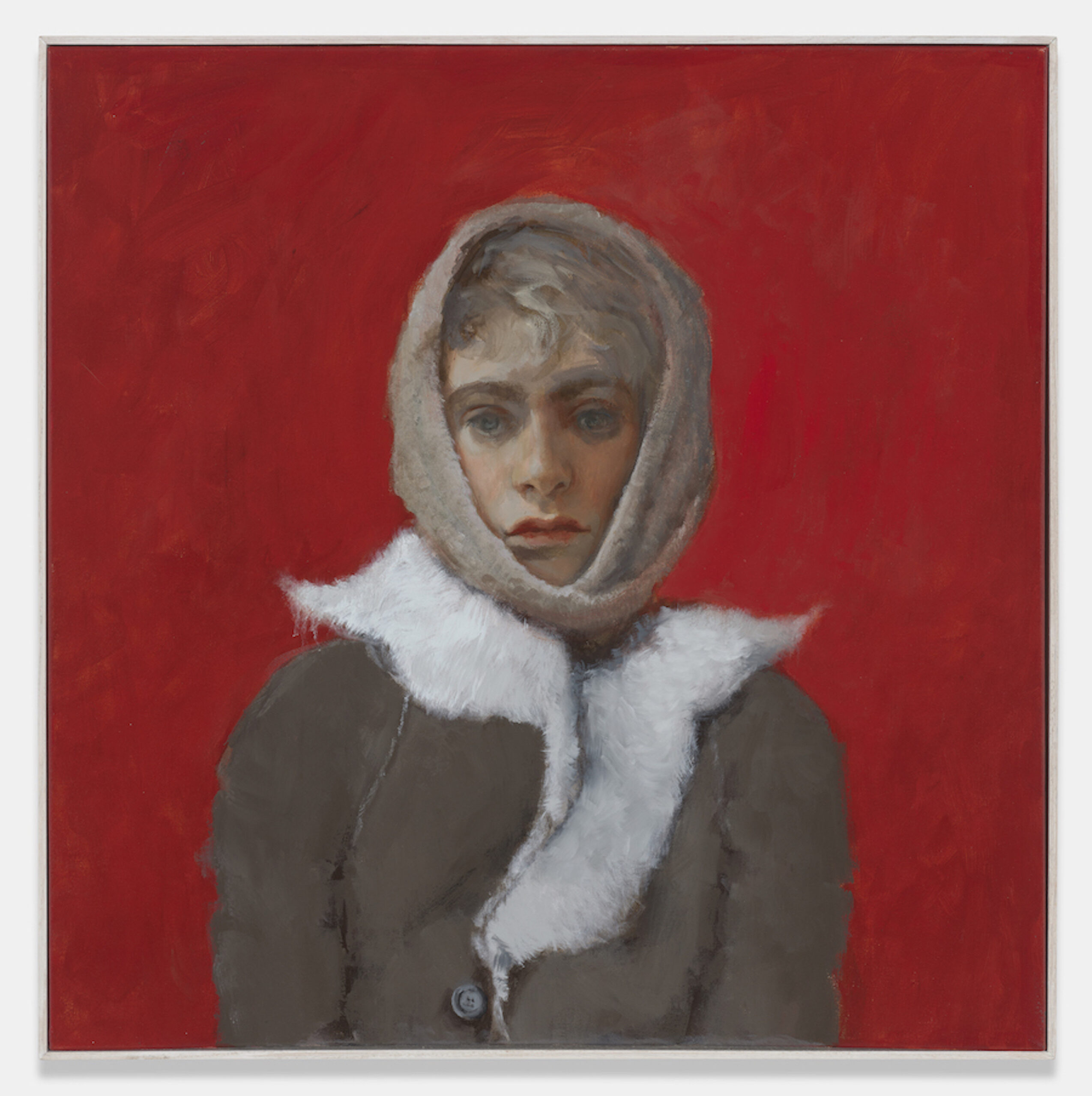 Painting with an intense red background with a figure in the center in a brown coat with white collar trim. Their head is wrapped in a tan scarf.