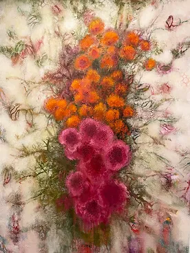 Painting with a creamy-peach background and a gathering of circles in the center running vertically, the top in orange and the bottom in pink. Coming out from the vertical center are green branches and leaves.