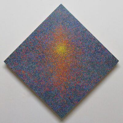 Diamond painting with a speckled background of blues, greens, reds, and blacks. In the center is a concentration of orange speckles with a yellow center.