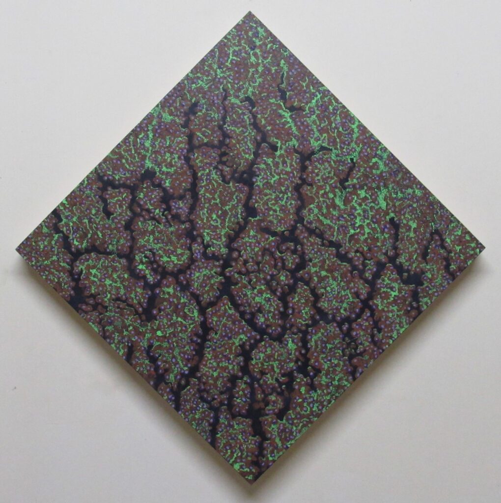 Diamond painting with a craig-y surface done in bright greens, purply reds, and black.