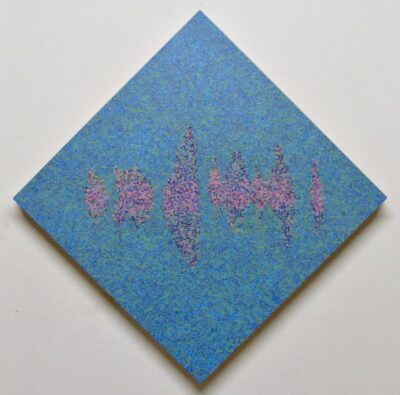 Diamond painting with a speckled background of blues and light greens. In the center horizontally are odd elongated sections of speckled purples, pinks, and blacks.