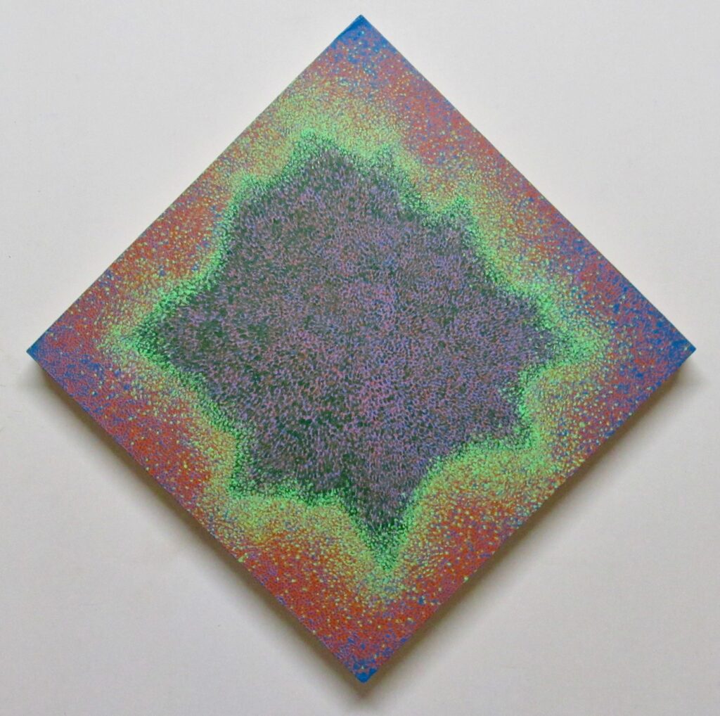 Diamond painting with a rainbow like effect with reds and yellows on the outside fading to green in the middle and purple and blues in the center.