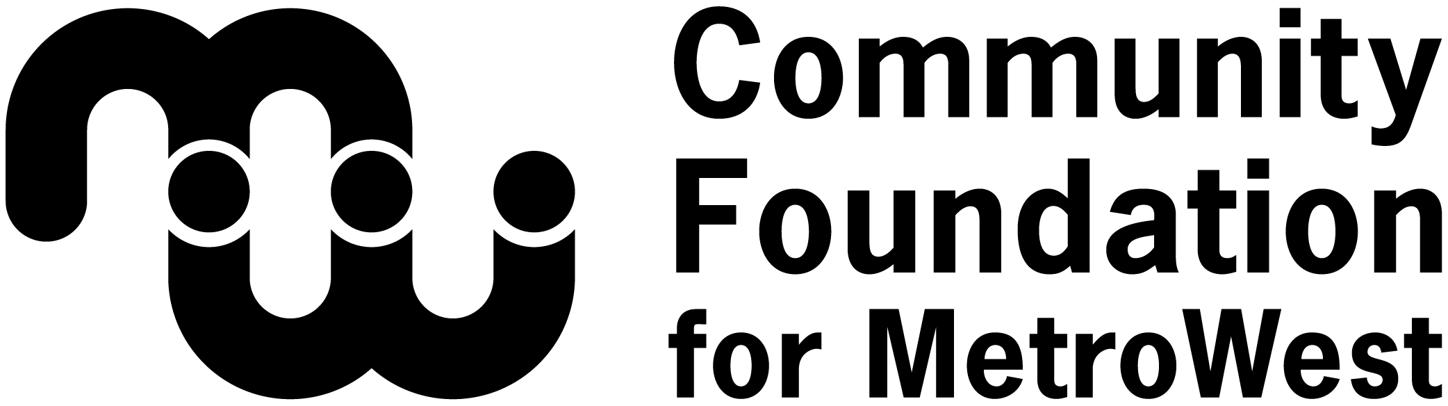 Black logo with a bubble letter 'M' and 'W' connected. To the right is the text 'Community Foundation for MetroWest'.
