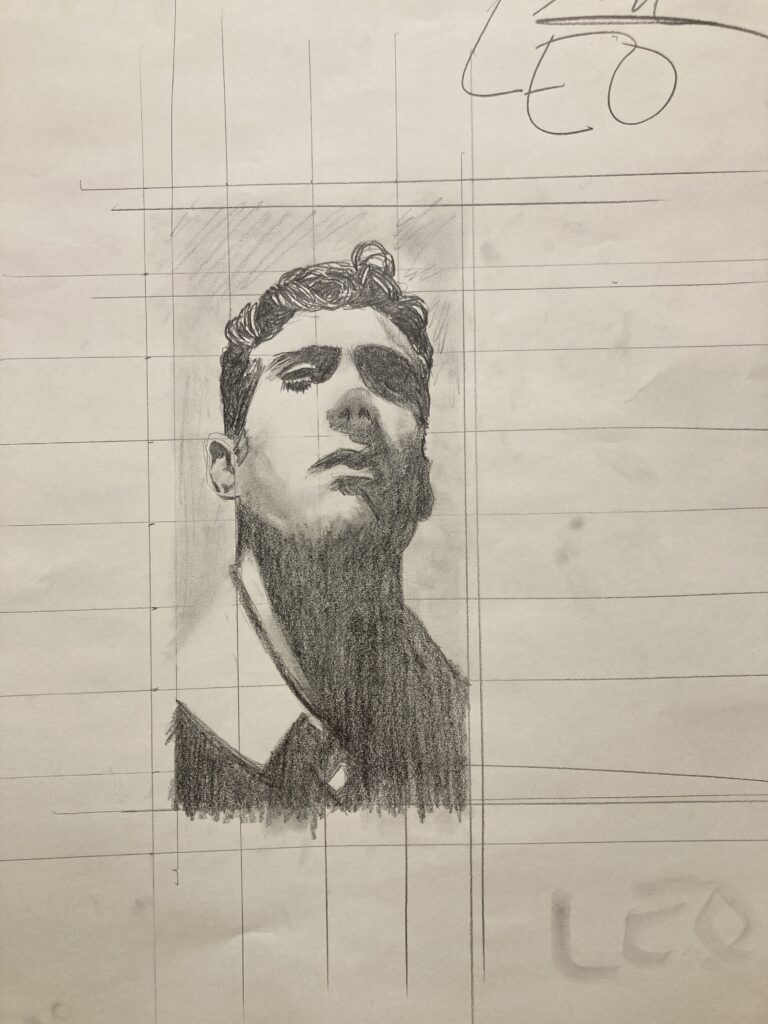 Photograph with a pencil grid with a drawing of a male figure's profile within that grid.