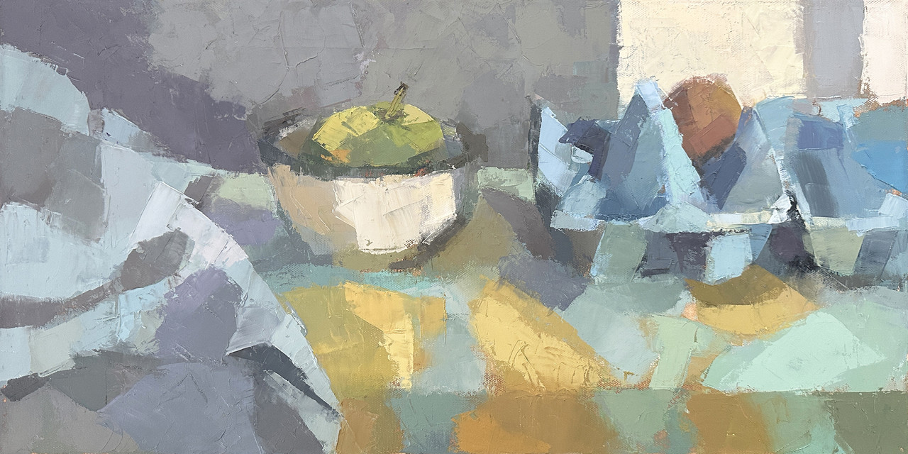Painting in bold sections of paint with a teal and yellow patchwork tabletop with a green apple in a bowl in the center and a blue egg carton with one brown egg to the right. The background is in shades of grey and cream.