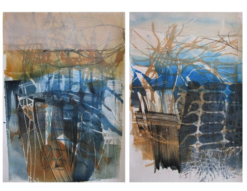 Two abstract prints side by side with colors of brown, gold, blue, and dark blue.