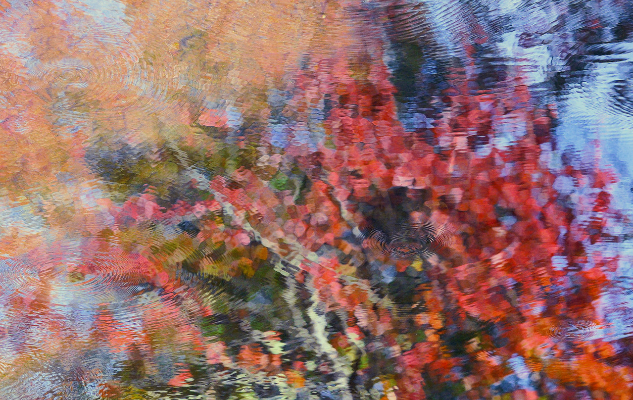 Abstract photograph of a rippled body of water with abstracted colors of red and yellow seen through most of the surface.